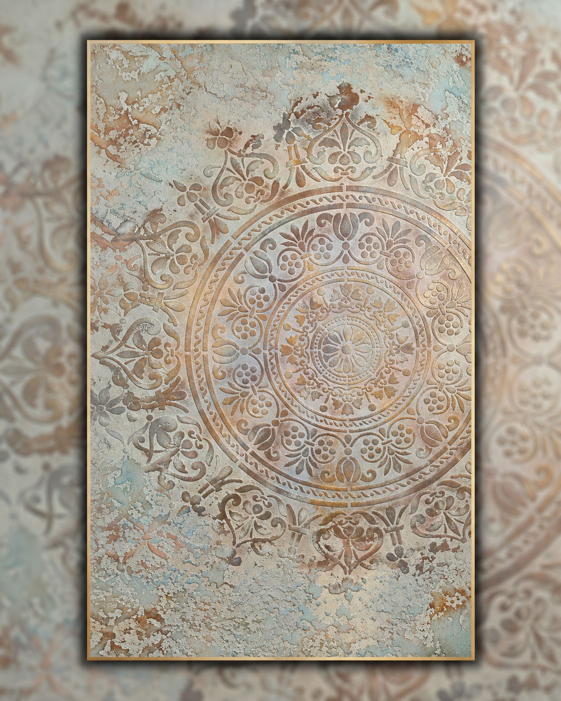 Half-Revealed: an ornamental medallion in raised relief on a weathered, pale surface