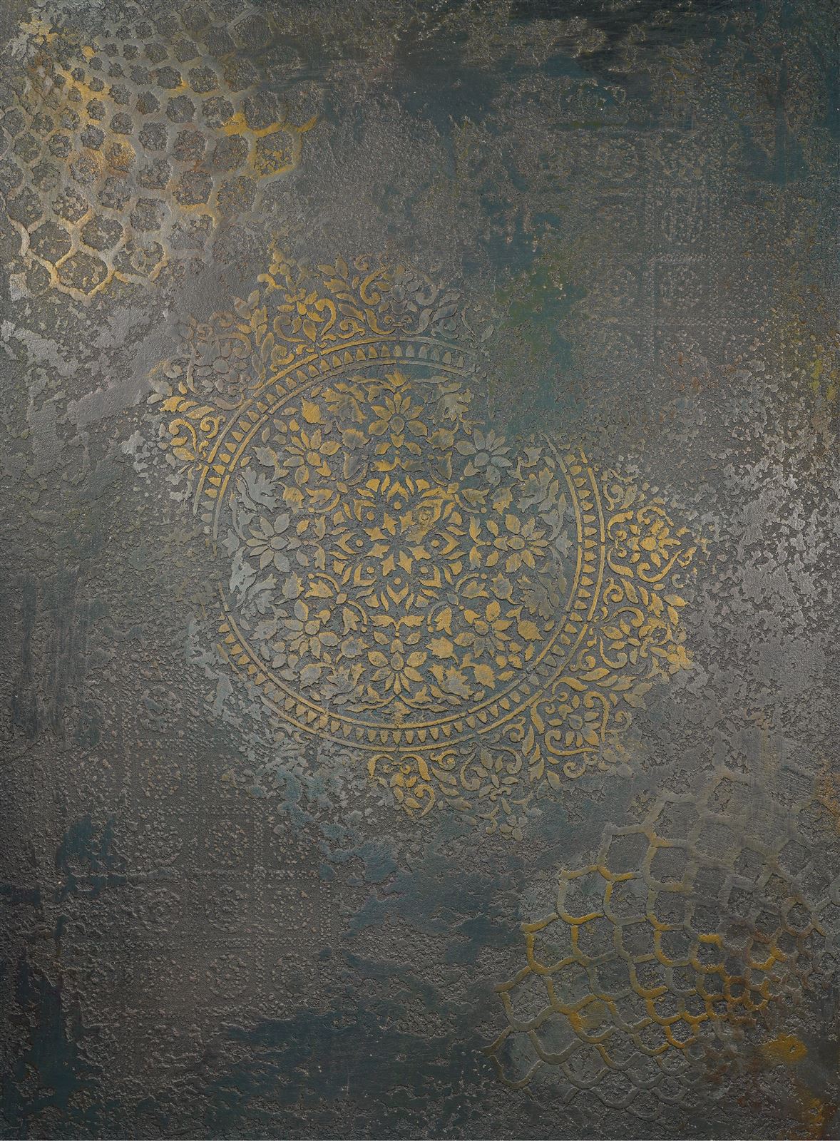 Hidden Gold: a golden medallion emerging through weathered layers of grey, green and blue